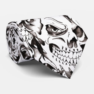 Demonic skulls pattern spooky skeleton face black tie