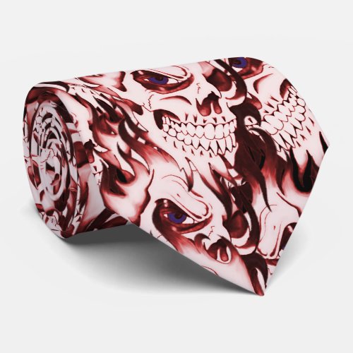 Demonic skulls pattern spooky skeleton face red tie