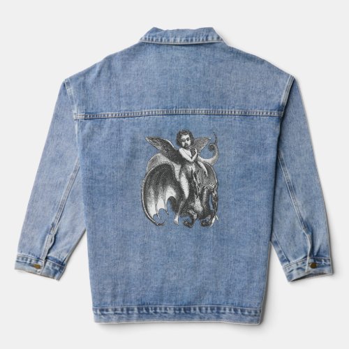 Demonic Winged Character Riding A Two Headed Drago Denim Jacket