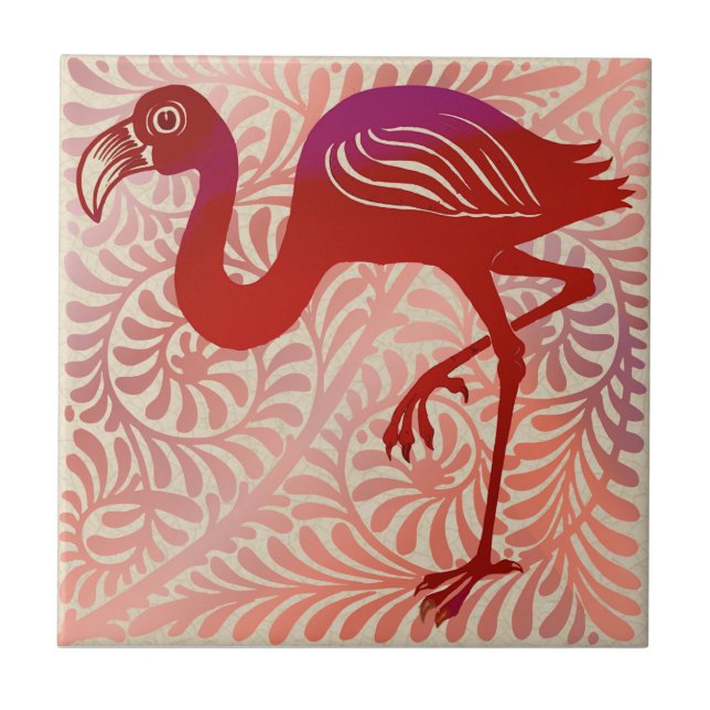 DeMorgan Ruby Lustre Bird Flamingo 1880s Repro Ceramic Tile (Front)
