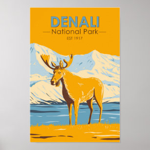 Denali National Park Alaska Moose Vintage  Poster