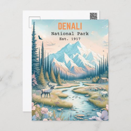 Denali National Park Alaska Mount Hand drawn Postcard