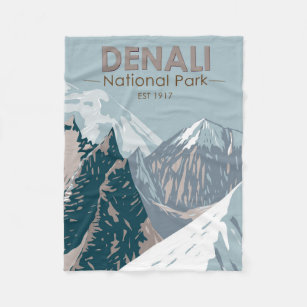 Denali National Park Alaska Mount Hunter Vintage Fleece Blanket
