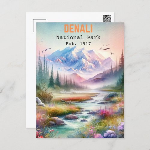 Denali National Park Alaska Mount watercolor Postcard