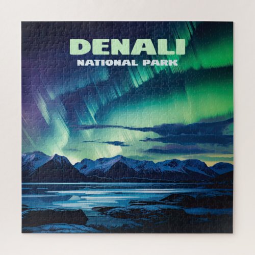 Denali National Park Alaska Northern Lights Retro Jigsaw Puzzle