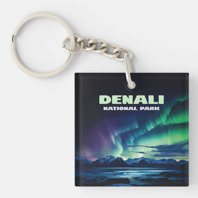 Denali National Park Alaska Northern Lights Retro Keychain (Front)