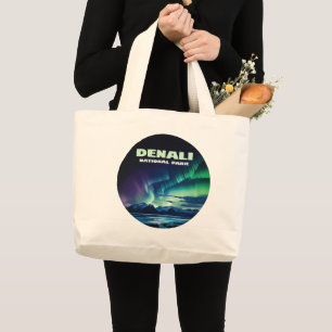 Denali National Park Alaska Northern Lights Retro Large Tote Bag