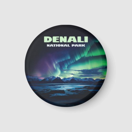 Denali National Park Alaska Northern Lights Retro Magnet