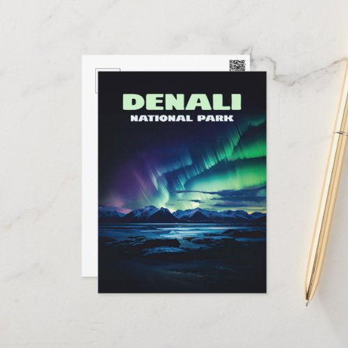 Denali National Park Alaska Northern Lights Retro Postcard