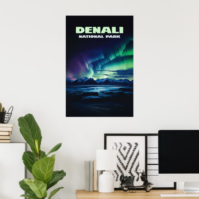 Denali National Park Alaska Northern Lights Retro Poster (Home Office)