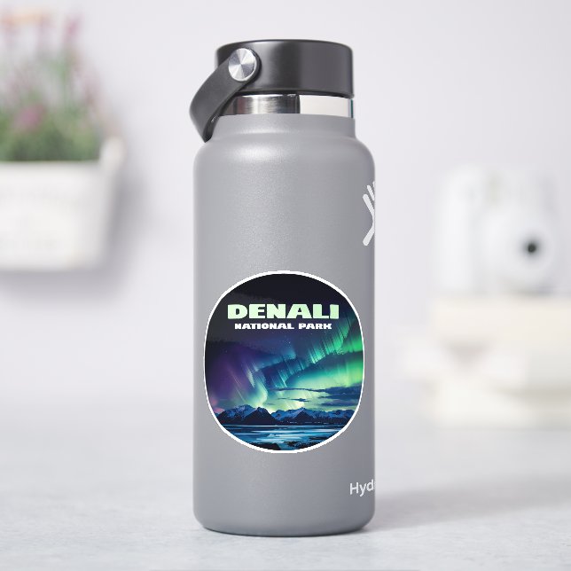 Denali National Park Alaska Northern Lights Retro Sticker (HydroFlask)