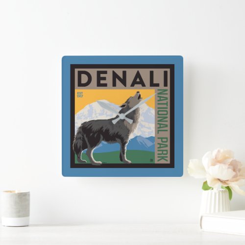 Denali National Park  Howling Wolf Square Wall Clock