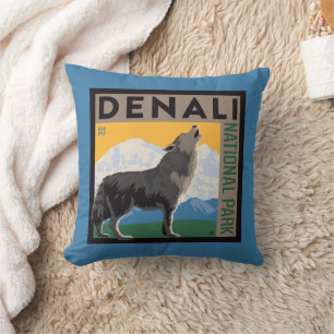 Denali National Park Howling Wolf Throw Pillow