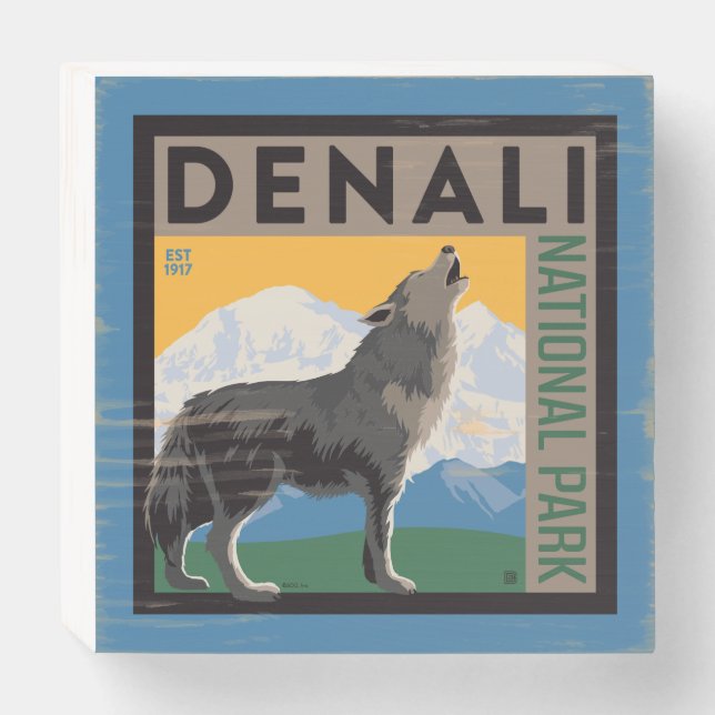 Denali National Park | Howling Wolf Wooden Box Sign (Front Horizontal)