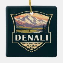 Denali National Park Illustration Travel Vintage Ceramic Ornament