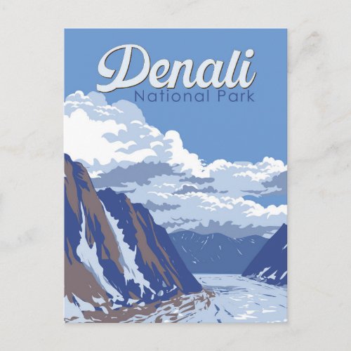 Denali National Park Illustration Travel Vintage Postcard