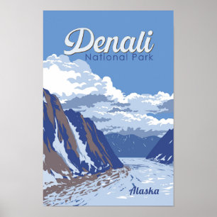 Denali National Park Illustration Travel Vintage Poster