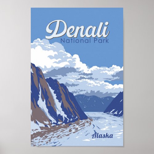 Denali National Park Illustration Travel Vintage Poster