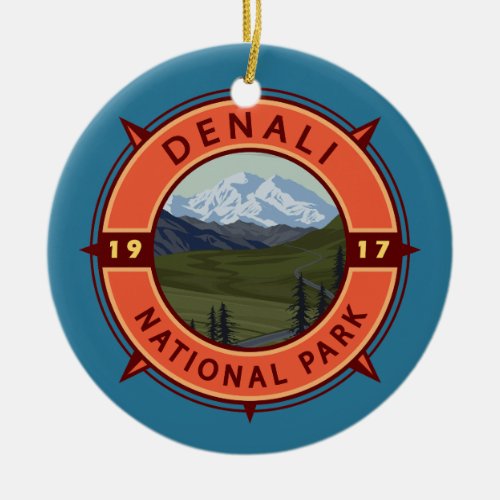 Denali National Park Retro Compass Emblem Ceramic Ornament