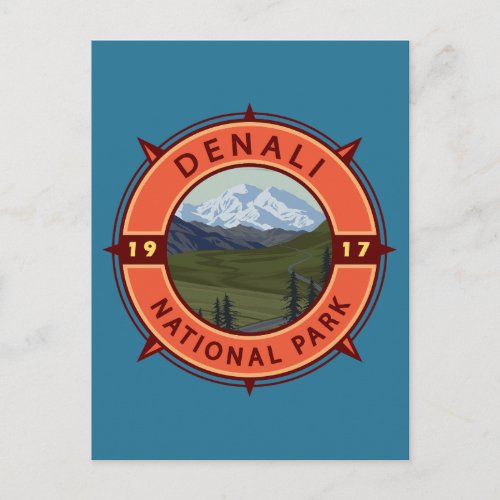 Denali National Park Retro Compass Emblem Postcard