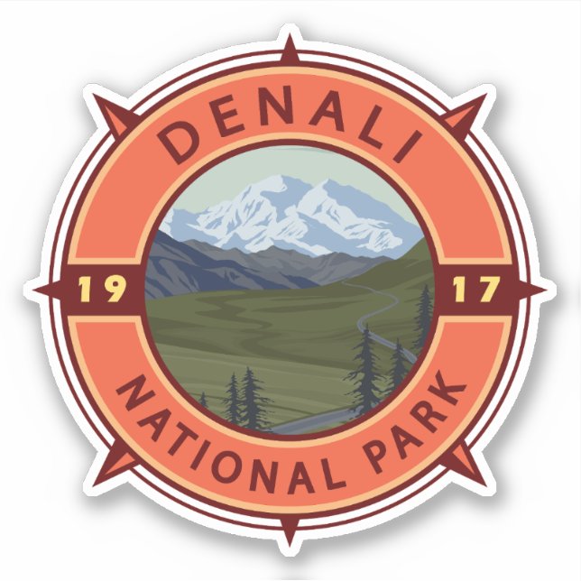 Denali National Park Retro Compass Emblem Sticker (Front)