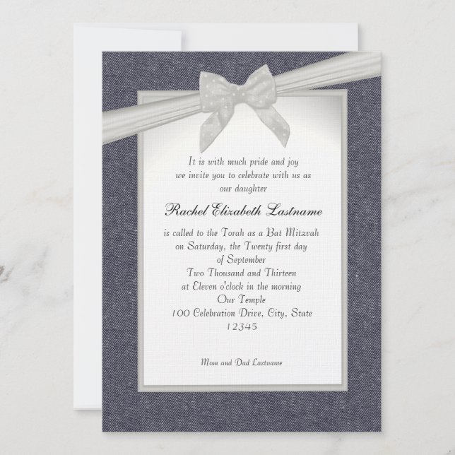 Denim and Bows Bat Mitzvah Invitation (Front)