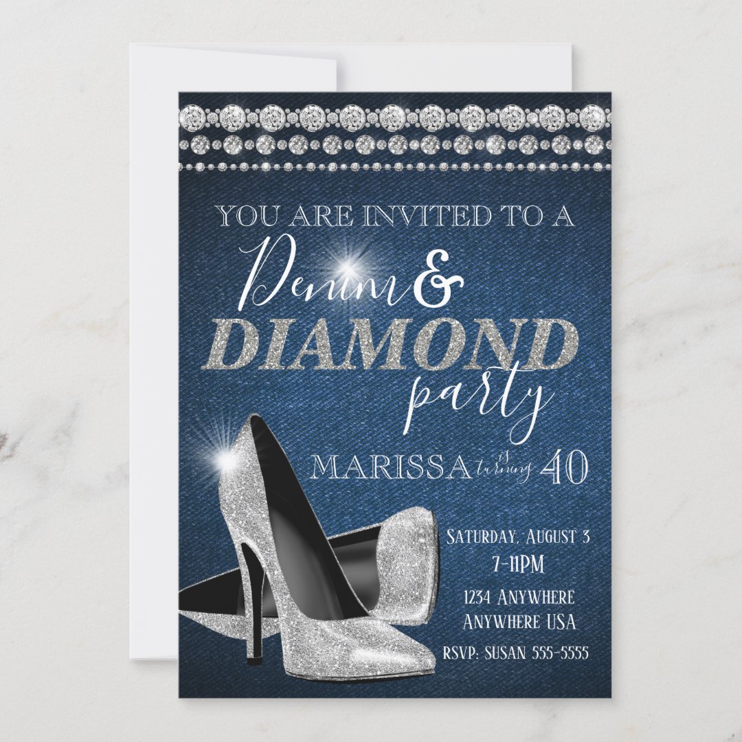 Denim And Diamond Birthday Party, Elegant, Heels Invitation 