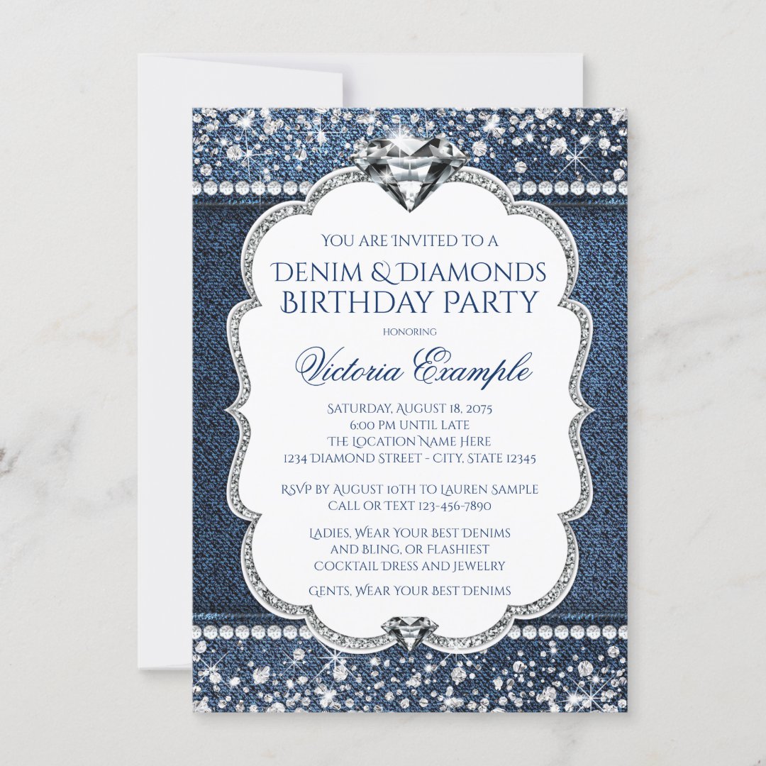 Denim and Diamond Bling Birthday Party Invitations Zazzle