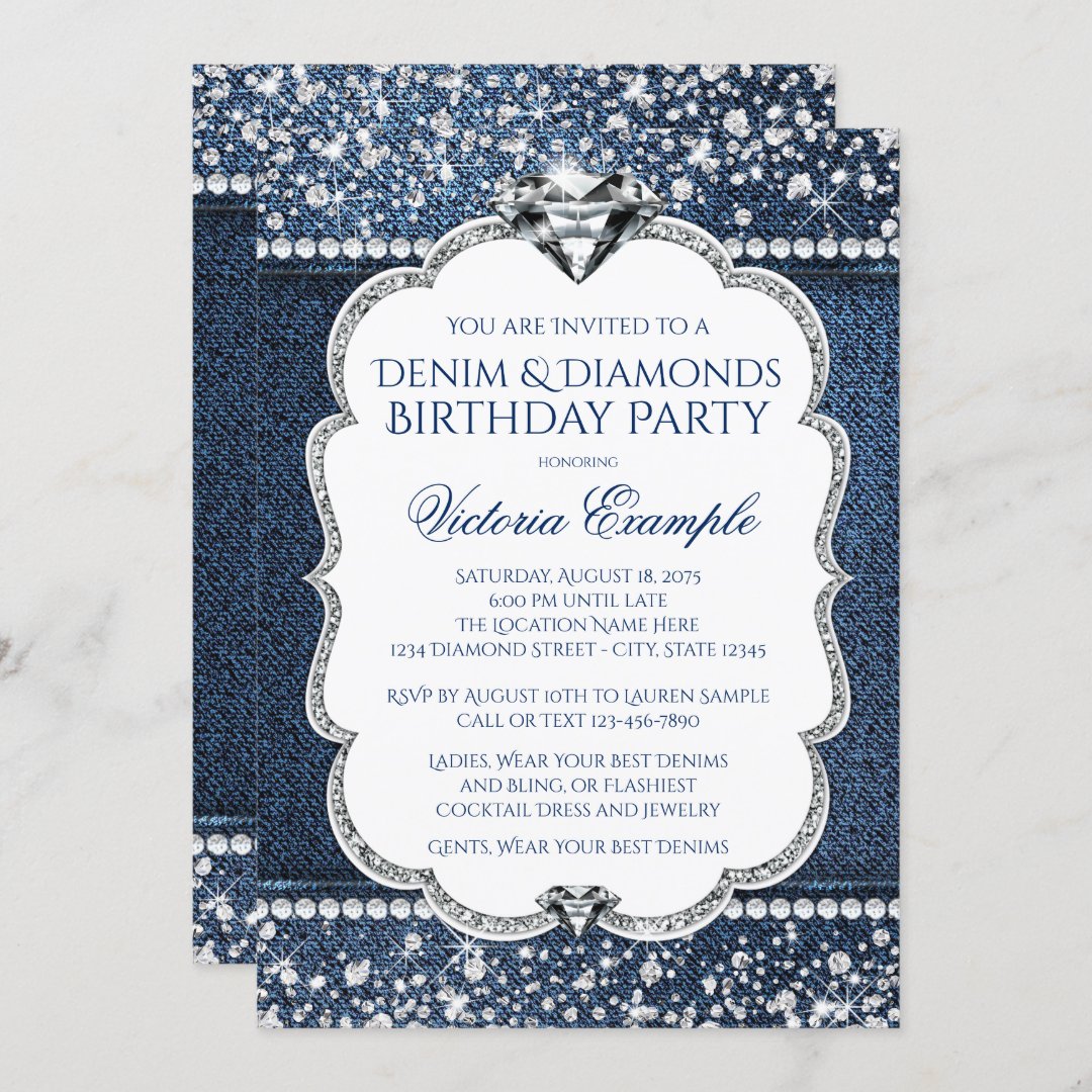 Denim and Diamond Bling Birthday Party Invitations | Zazzle