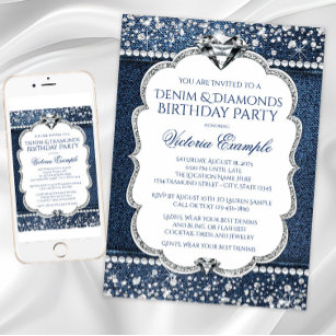 Denim and Diamond Bling Birthday Party Invitations