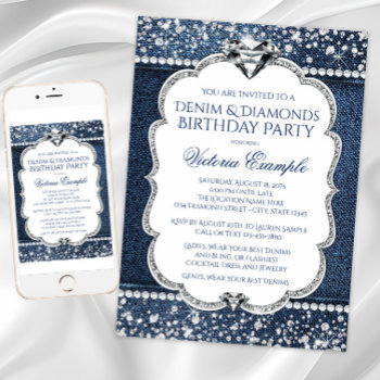 Denim And Diamond Bling Birthday Party Invitations by Champagne_N_Caviar at Zazzle