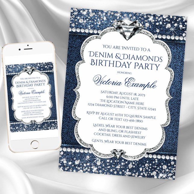 Denim and Diamond Bling Birthday Party Invitations (Denim diamond birthday party and event invitation. Instant download & printed invitations available)