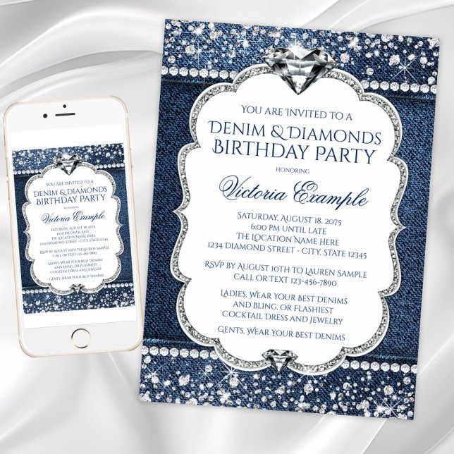 Denim and Diamond Bling Birthday Party Invitations (Denim diamond birthday invitation. Instant download and printed invitations available.)