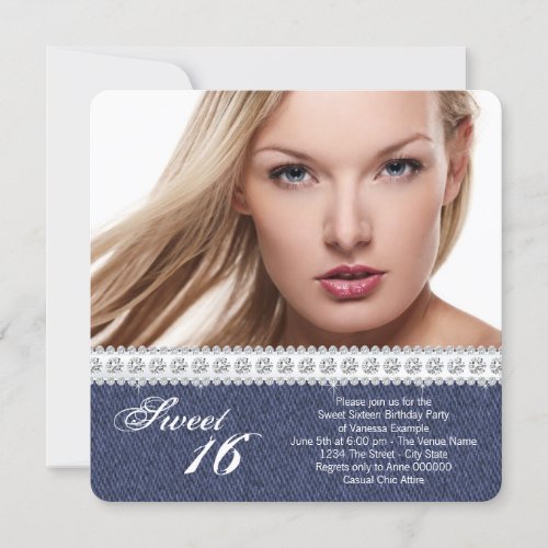 Blue Denim and Diamond Sweet Sixteen Party Custom Invites
