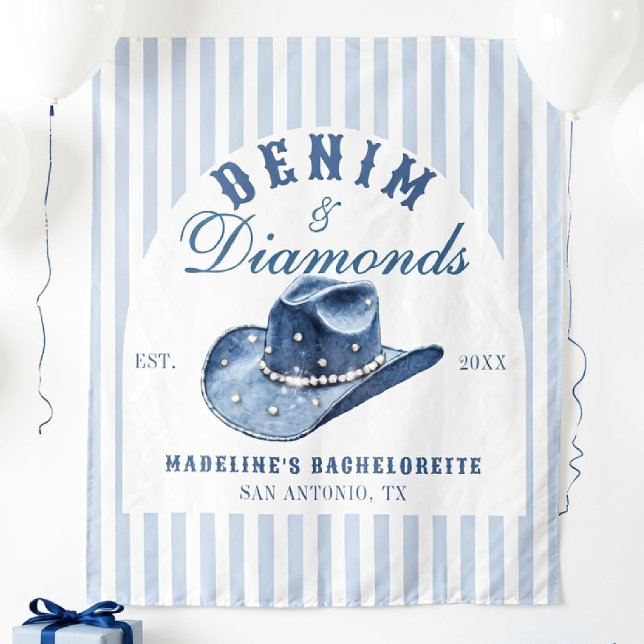 Denim and Diamonds Bachelorette Backdrop Cowgirl (denim diamonds bachelorette backdrop photo booth hand drawn cowgirl hat blue white stripes)