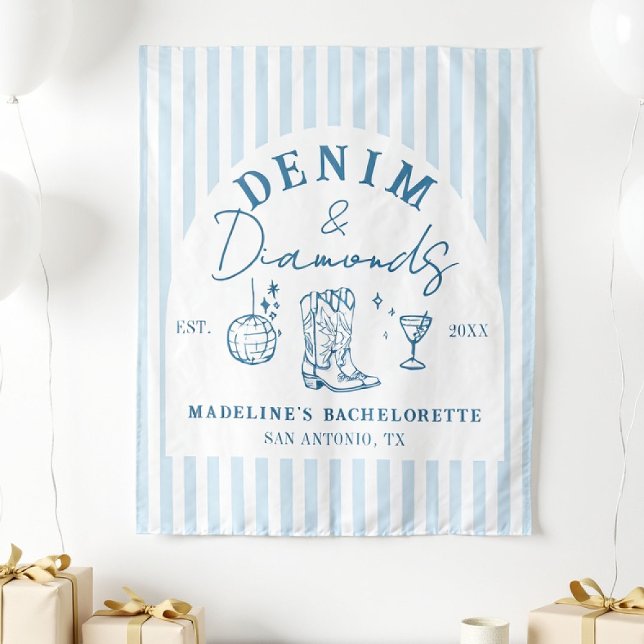 Denim and Diamonds Bachelorette Backdrop Drawn (denim diamonds bachelorette backdrop photo booth hand drawn cowgirl blue white stripes)