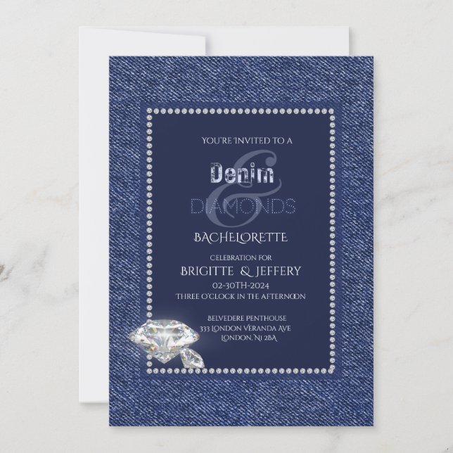 Denim and diamonds bachelorette invitation (Front)