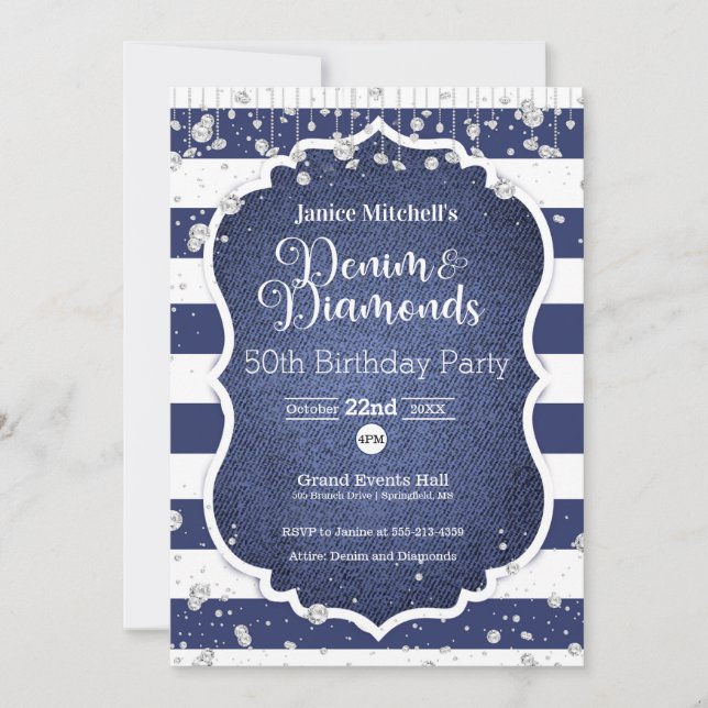 Denim and Diamonds Birthday Invitation (Front)