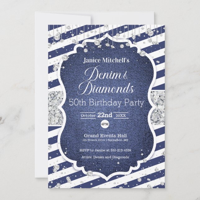 Denim and Diamonds Birthday Invitation (Front)