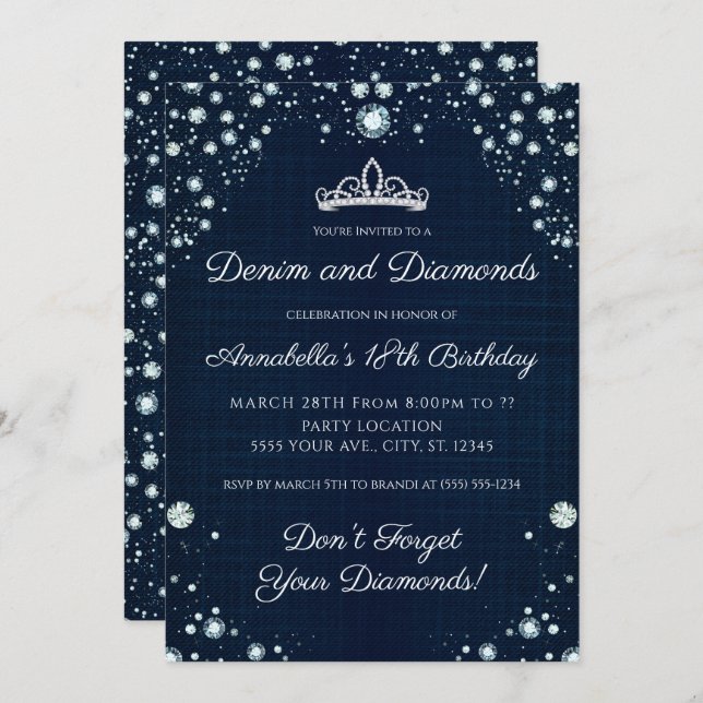 Denim and Diamonds Birthday Invitations (Front/Back)