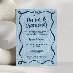 Denim and Diamonds Blue Bow Coquette Wavy Ribbon Invitation