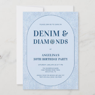 Denim and Diamonds Blue Jeans 30th Birthday Party Invitation