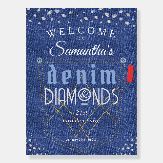 Denim and Diamonds Blue Jeans Bling Birthday Party Foam Board (Front)