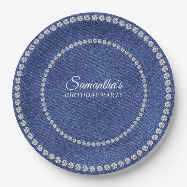 Denim and Diamonds Blue Jeans Bling Birthday Party Paper Plates (Front)