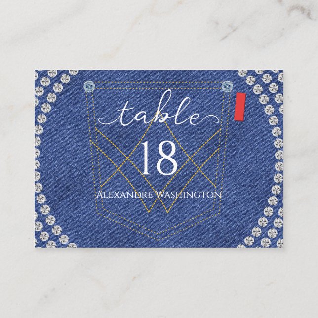 Denim and Diamonds Blue Jeans Bling Birthday Party Place Card (Back)