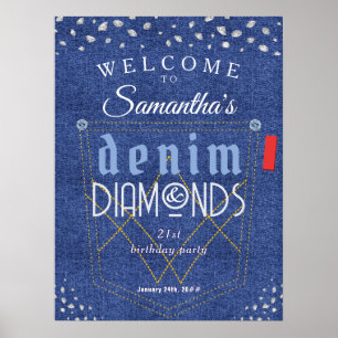 Denim and Diamonds Blue Jeans Bling Birthday Party Poster