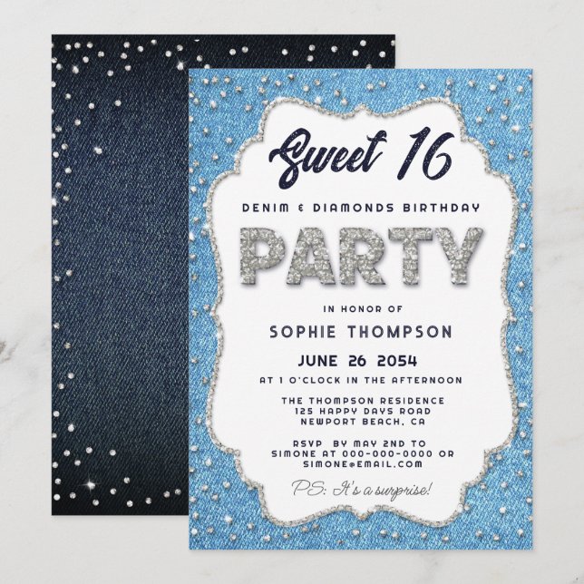 Denim and Diamonds Glitter Frame Sweet 16 Party Invitation (Front/Back)
