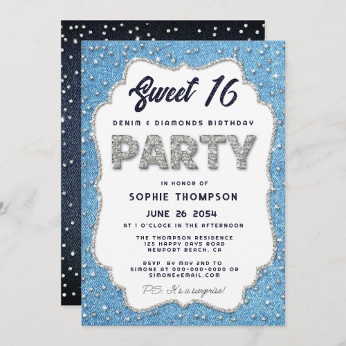 Denim and Diamonds Glitter Frame Sweet 16 Party Invitation