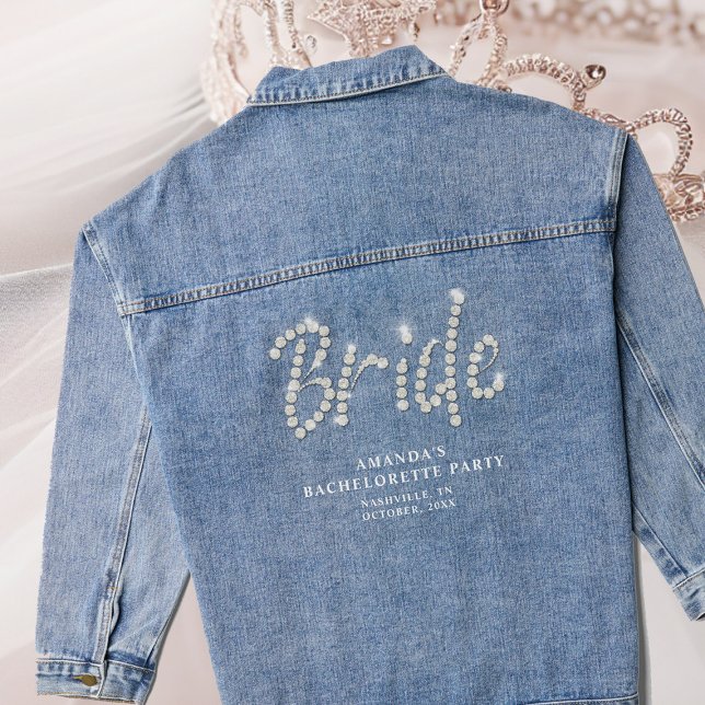 Denim and Diamonds Rhinestones Bride Bachelorette  Denim Jacket (personalized denim jacket bachelorette party bride rhinestones bling script blue white name elegant)