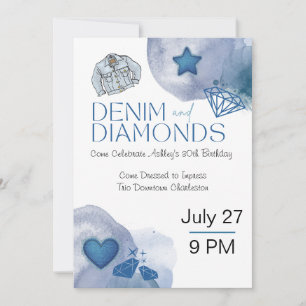 Denim and Diamonds Themed Birthday Party Invitation